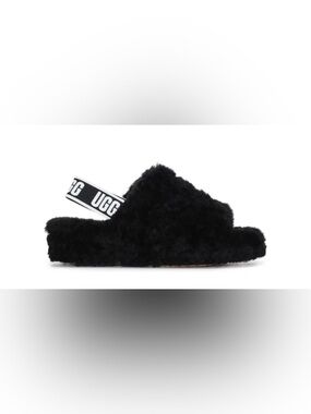 UGG Black Plush Open-Toe Slingback Slide, Size 7